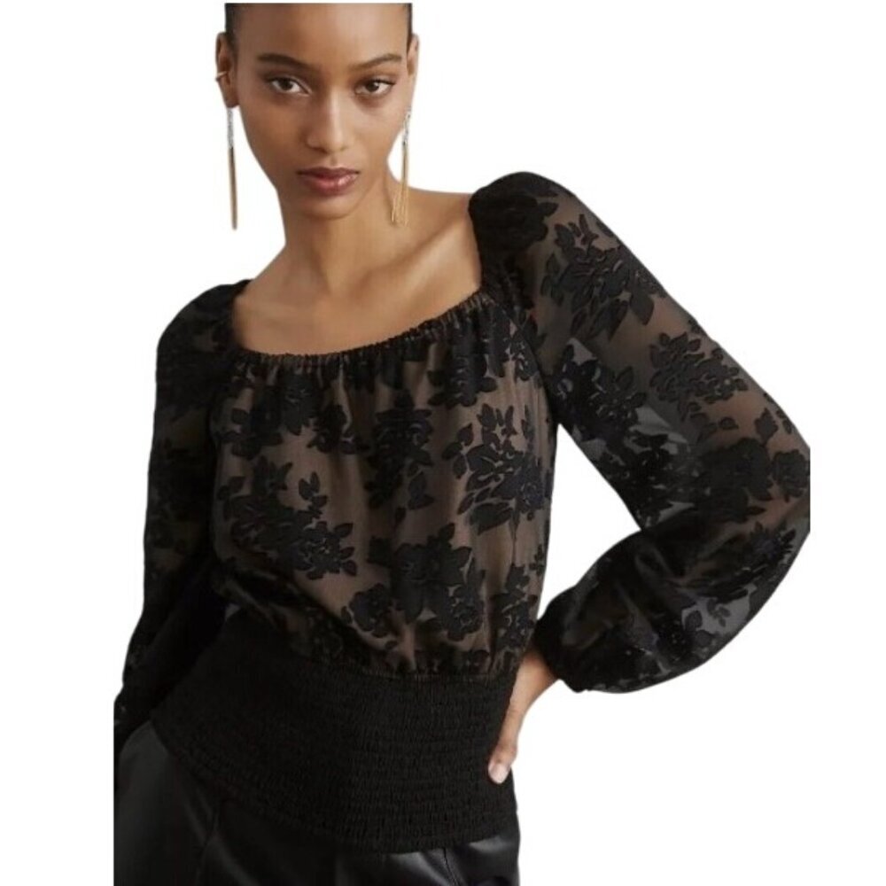 Anthropologie Current Air smocked sheer floral puff sleeve square neck crop S